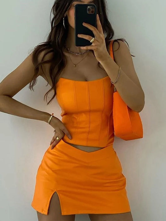 Clearance sale !!!Orange Top And Skirt Set Sexy Corset Top Cropped And Leather Dress Strapless Top Birthday Dress For Women 2022