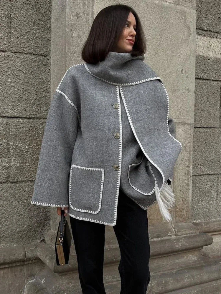 Elegant Loose Women's Coat With Scarf Fashion Long Sleeve Pocket Single Breasted Female Coats 2023 Autumn Winter Lady Jacket