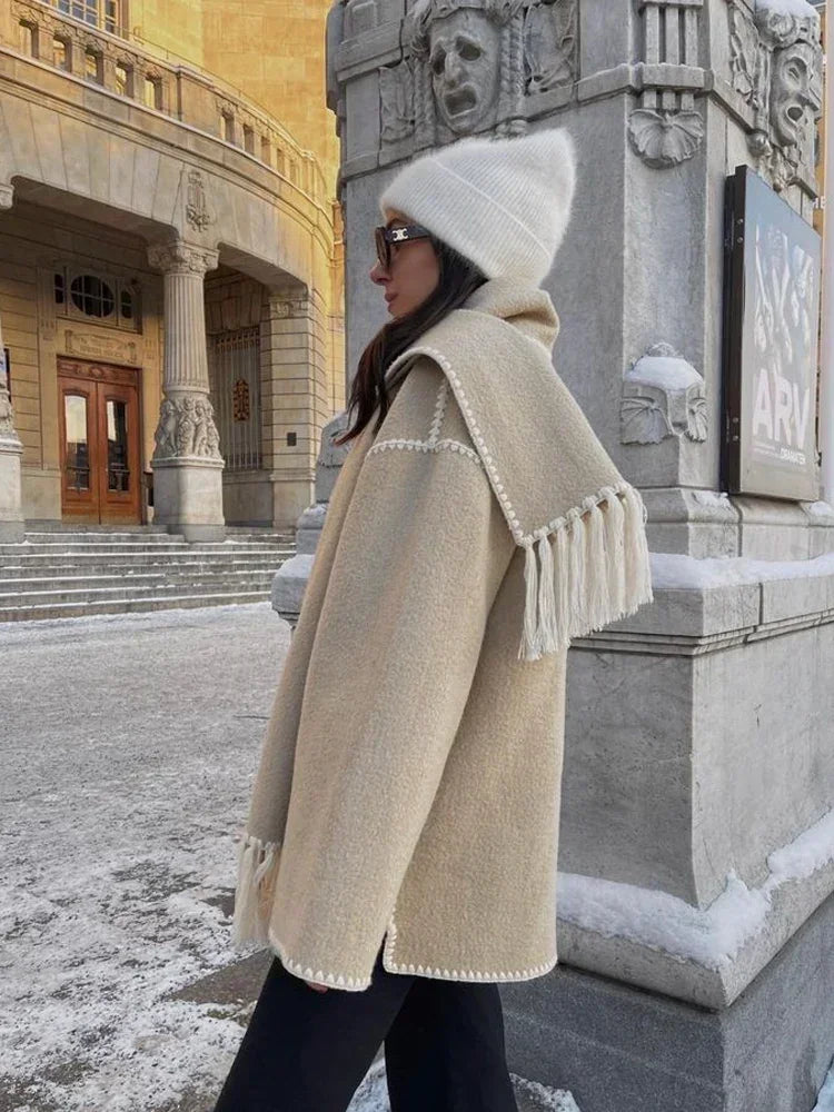 Elegant Loose Women's Coat With Scarf Fashion Long Sleeve Pocket Single Breasted Female Coats 2023 Autumn Winter Lady Jacket