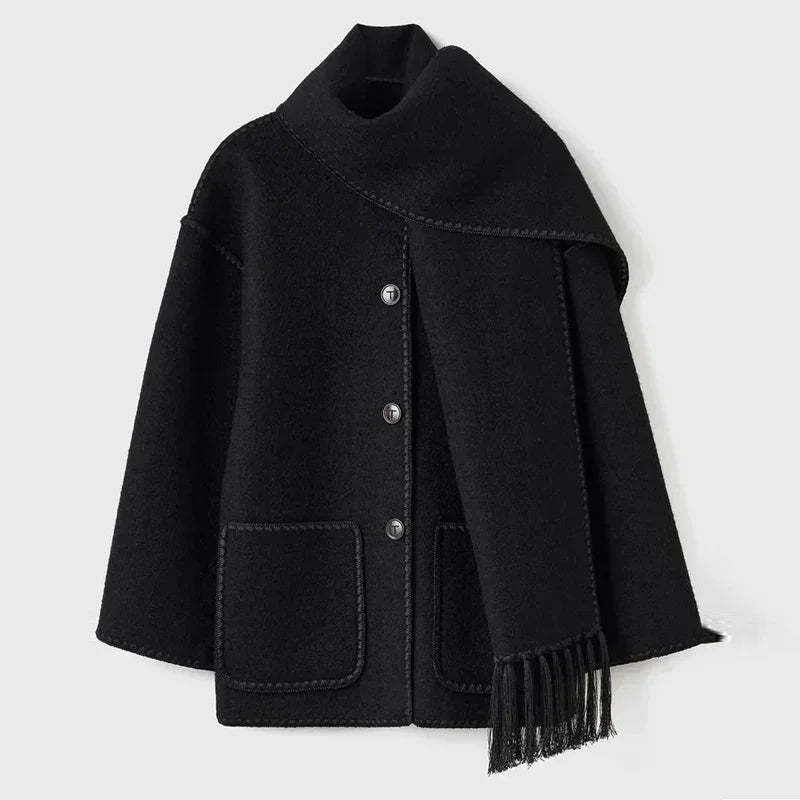 Elegant Loose Women's Coat With Scarf Fashion Long Sleeve Pocket Single Breasted Female Coats 2023 Autumn Winter Lady Jacket