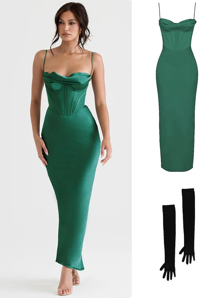 Green Maxi Bodycon Dress Sexy Celebrity Event Prom Night Party Dresses Satin V Neck Spaghetti Strap Women Dresses 2022 Summer