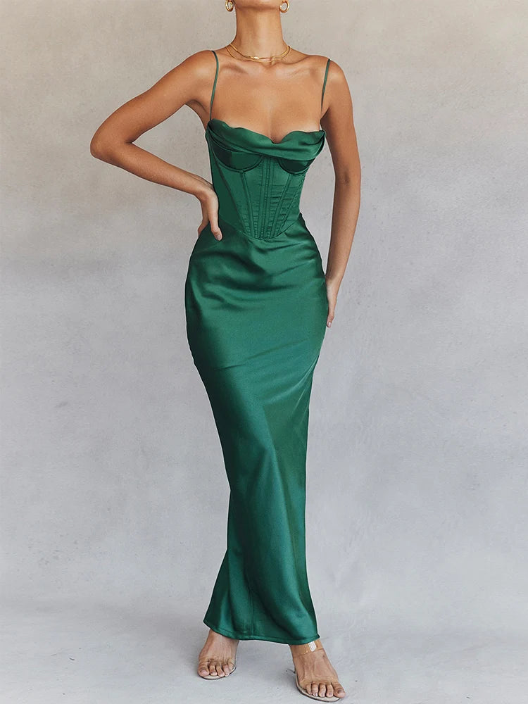 Green Maxi Bodycon Dress Sexy Celebrity Event Prom Night Party Dresses Satin V Neck Spaghetti Strap Women Dresses 2022 Summer