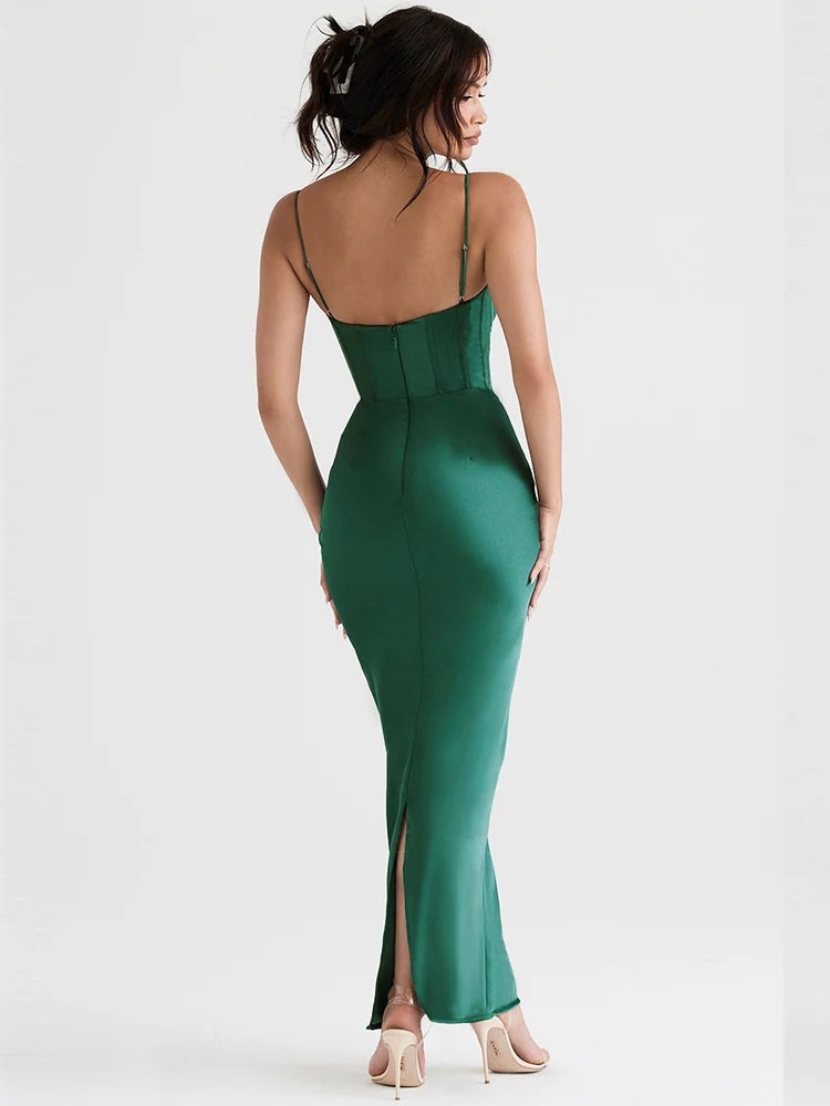 Green Maxi Bodycon Dress Sexy Celebrity Event Prom Night Party Dresses Satin V Neck Spaghetti Strap Women Dresses 2022 Summer