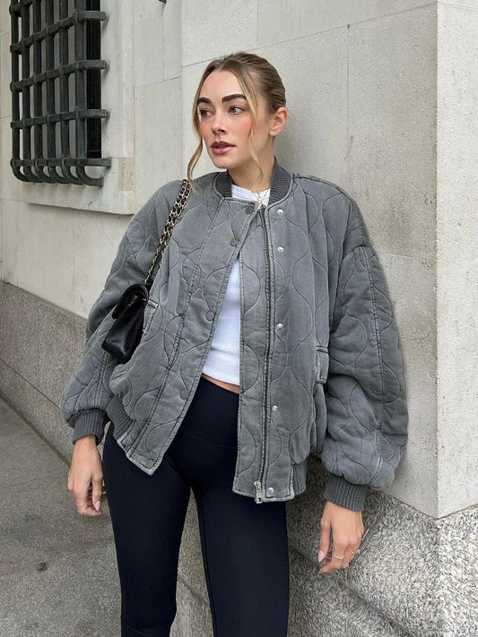 Grey Quilted Padded Women Bomber Cotton Coat Single Breasted Stand Collar Vintage Jacket 2023 Autumn Winter Chic Casual Outwears