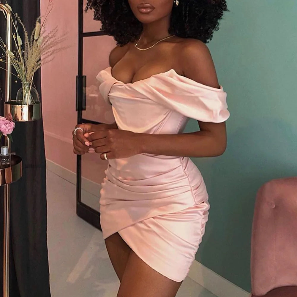 High Quality Bodycon Satin Dress Pink Women Party Dress Mini 2021 New Double Layer Summer Dress Celebrity Evening Club Dress