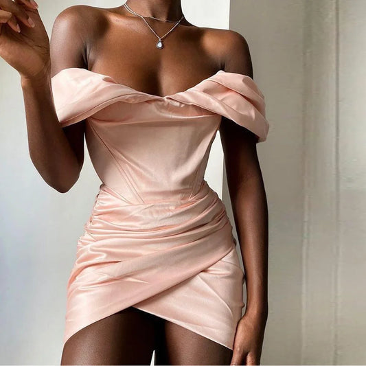 Satin Bodycon Dress Women Party Dress Mini 2021 New Arrivals Pink Off The Shoulder Bodycon Dress Celebrity Evening Club Dress