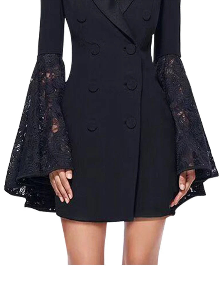 Nordsdom 2023 New Women's Black Fashion Lace Stitching Long-sleeved Trumpet Sleeve Jacket Small Suit Female Design Sense Suit