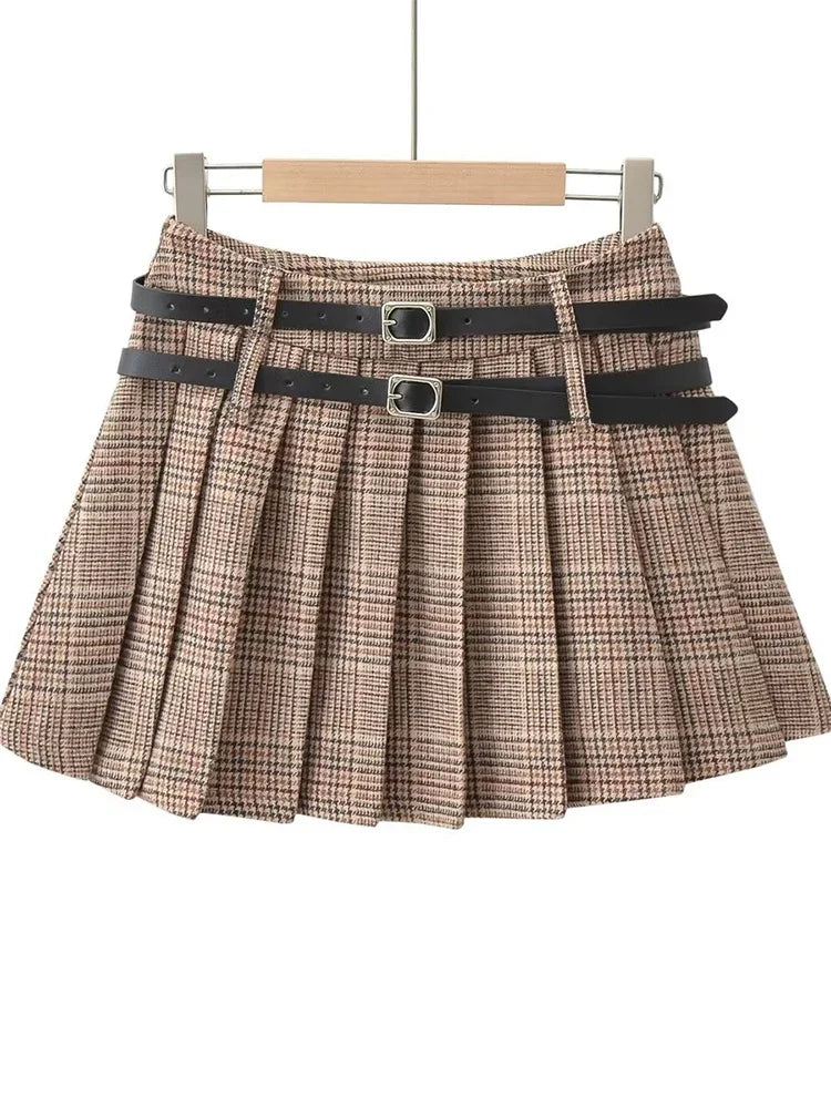 Nordsdom2023 Women Sweet Pleated Plaid Skirt England Style Short High Waist Skirts Chic Sashes Side Zipper Skirts