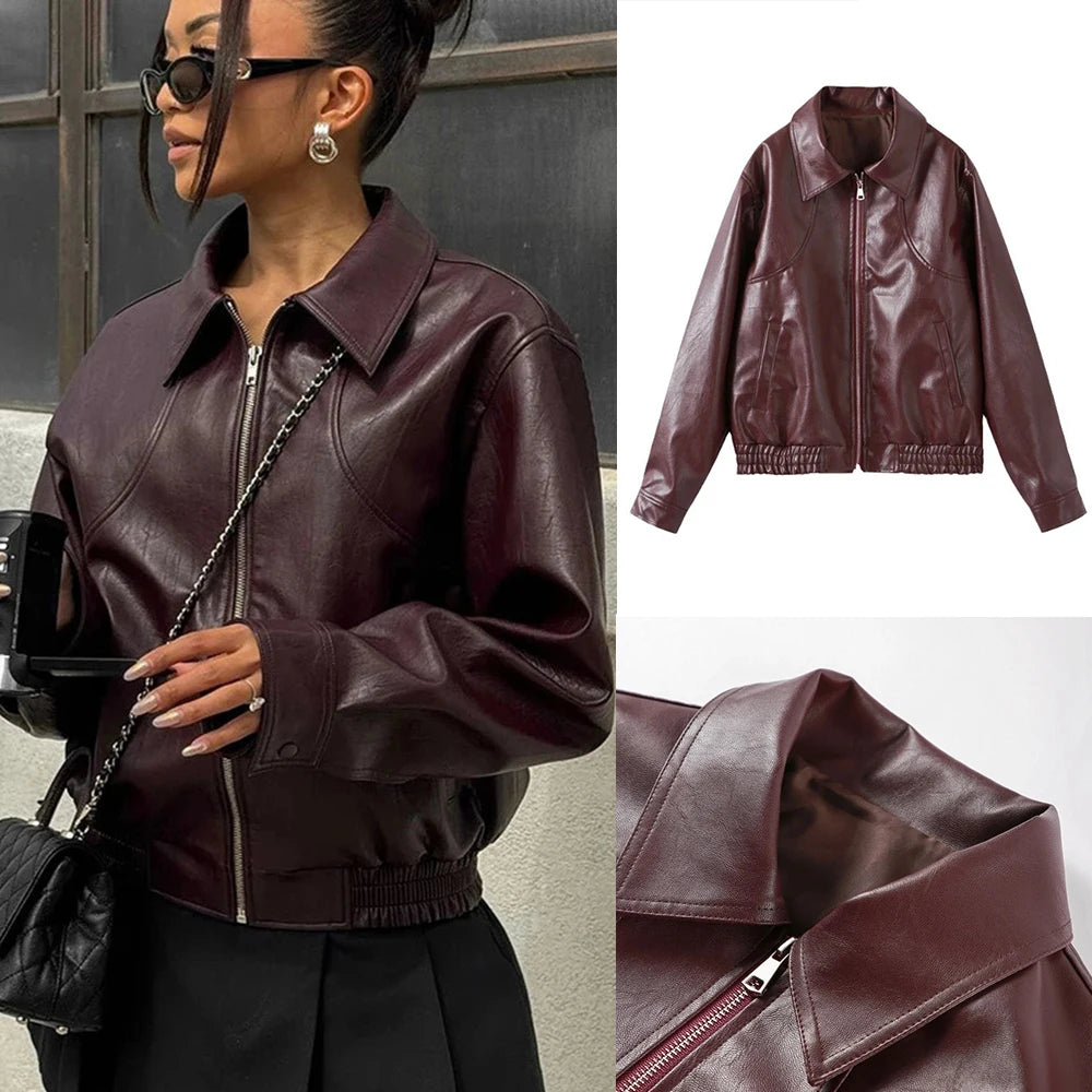 Nordsdom Autumn Winter 2024 Women's Moto Biker Zipper Long Sleeve Jacket Faux Leather Jacket Outerwears Causal New in Coats