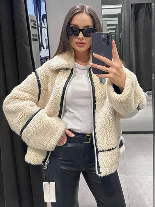 Nordsdom Autumn and Winter Faux Fur Jacket with Zipper Women Long Sleeve Warm Jackets Coat Casual Lapel Cold Coat High Quality