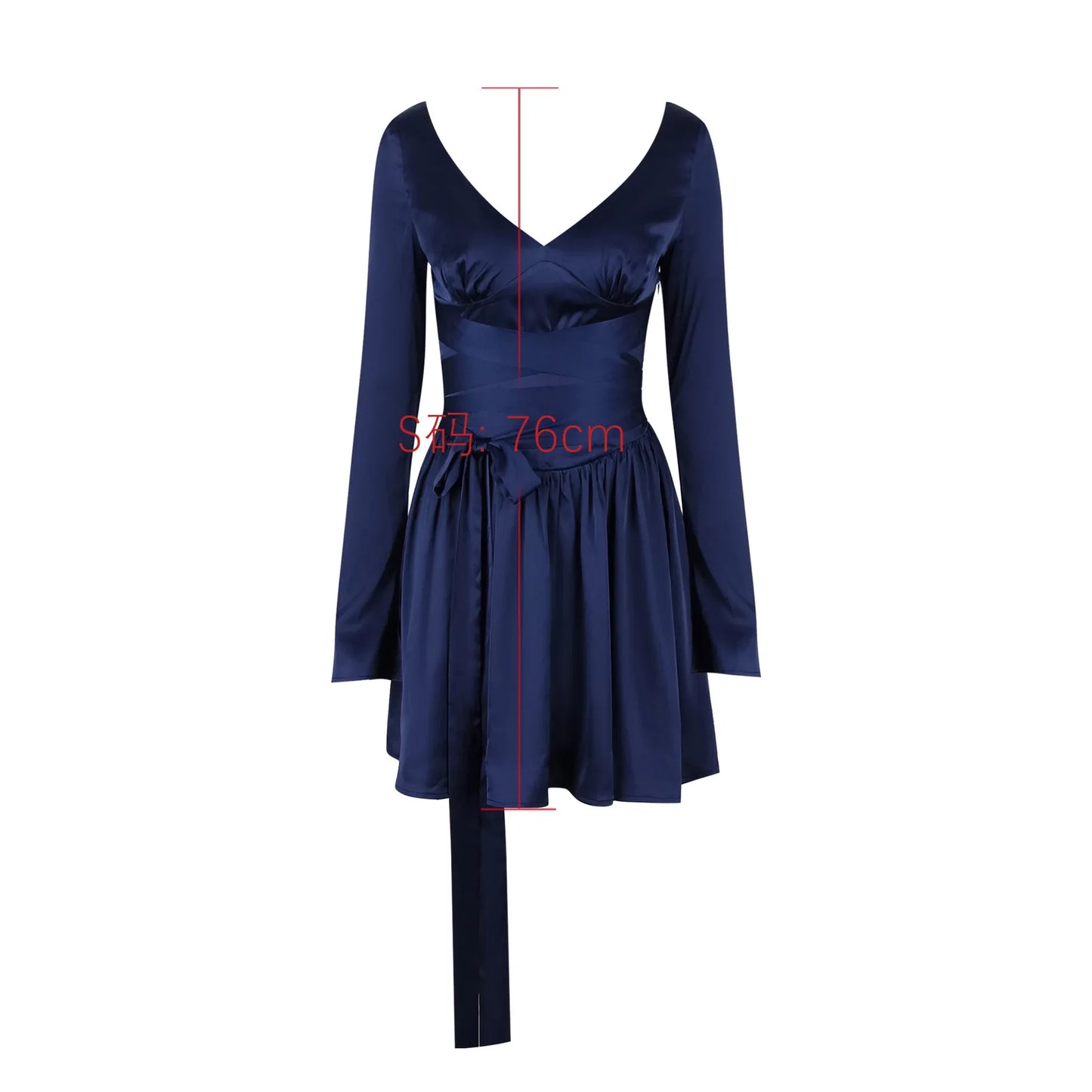 Nordsdom Autumn and Winter Long Sleeve Dress Navy Blue Long Belt A Line Mini Dress V Neck Casual Women's Clothing