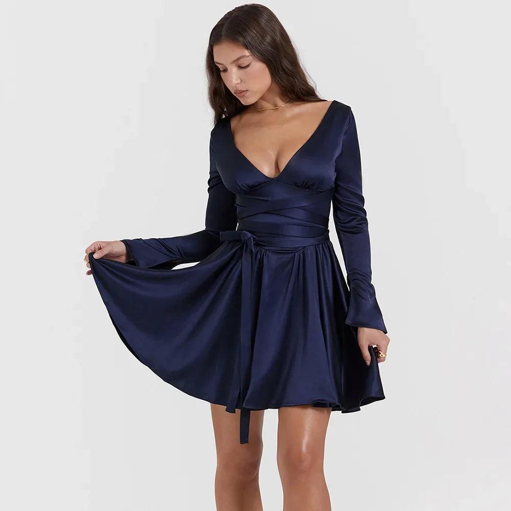 Nordsdom Autumn and Winter Long Sleeve Dress Navy Blue Long Belt A Line Mini Dress V Neck Casual Women's Clothing