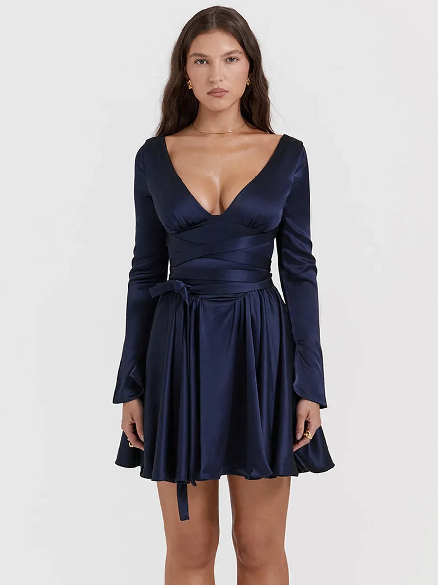 Nordsdom Autumn and Winter Long Sleeve Dress Navy Blue Long Belt A Line Mini Dress V Neck Casual Women's Clothing