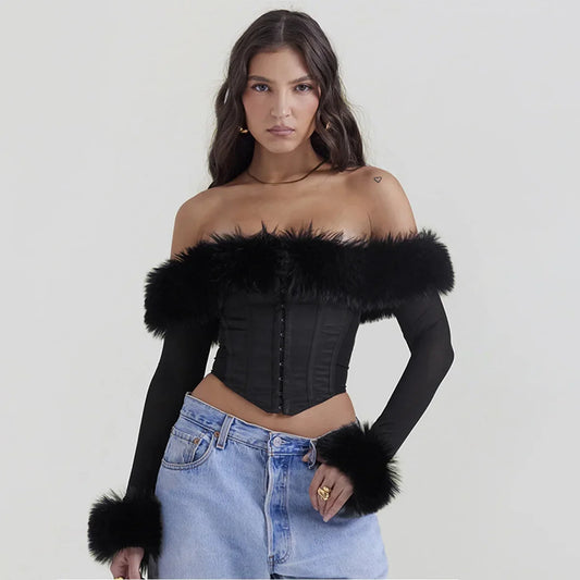 NordsdomAutumn and Winter Women Tops 2023 Detachable Fur Off The Shoulder Cropped Top Sexy Black Casual Long Sleeve Blouse