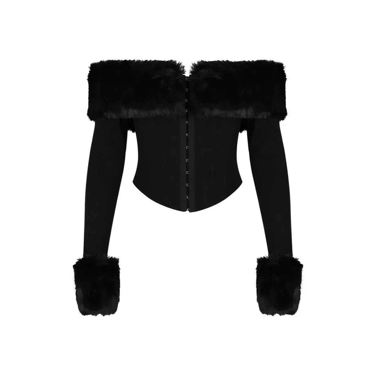 NordsdomAutumn and Winter Women Tops 2023 Detachable Fur Off The Shoulder Cropped Top Sexy Black Casual Long Sleeve Blouse