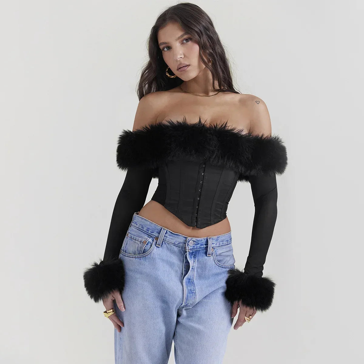 NordsdomAutumn and Winter Women Tops 2023 Detachable Fur Off The Shoulder Cropped Top Sexy Black Casual Long Sleeve Blouse