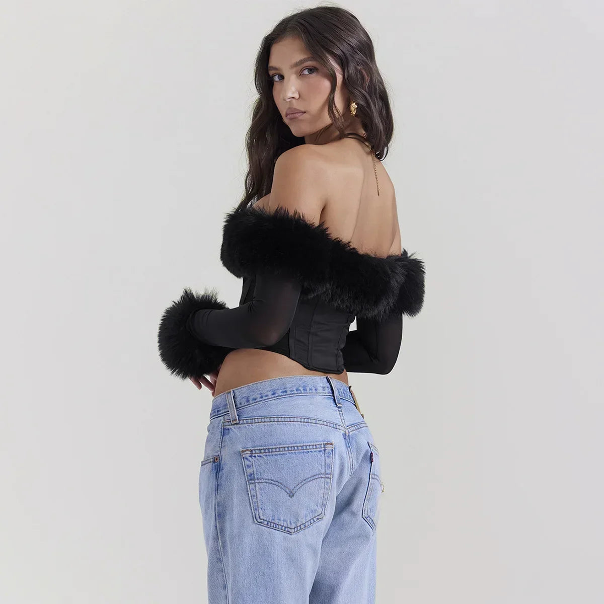 NordsdomAutumn and Winter Women Tops 2023 Detachable Fur Off The Shoulder Cropped Top Sexy Black Casual Long Sleeve Blouse