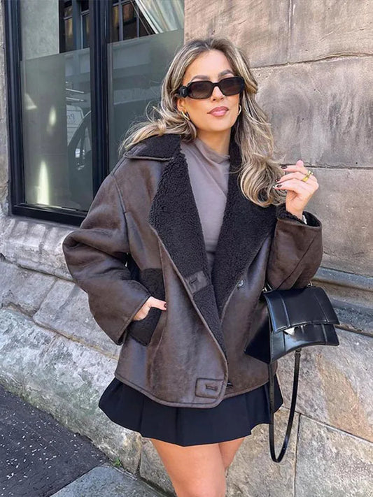 Nordsdom Double-sided Lapel Jacket Women Loose Lamb Wool Long Sleeve Thick Coat Winter Fashion Female Warm Single-breasted Top