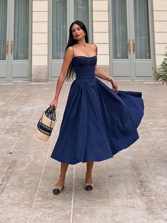 Nordsdom Elegant Spaghetti Strap Midi Dress Slim A Line Party Dresses Navy Blue Casual Birthday Holiday Dress Women's clothing