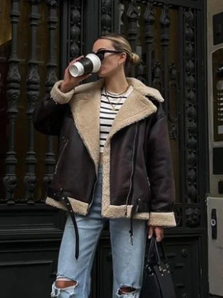 Nordsdom Fashion Winter Warm Faux Fur Jacket Women Long Sleeve Moto Biker Zipper Jackets Coat Female Autumn Casual Lapel coat