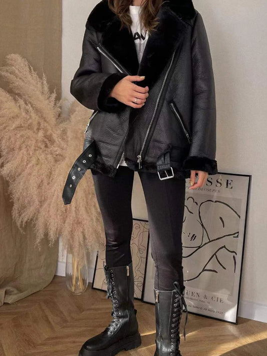 Nordsdom Fur Faux Leather Lapel Women Jacket Coat Loose Long Sleeve Thick Warm Coats Vintage Lambswool Female Locomotive Tops