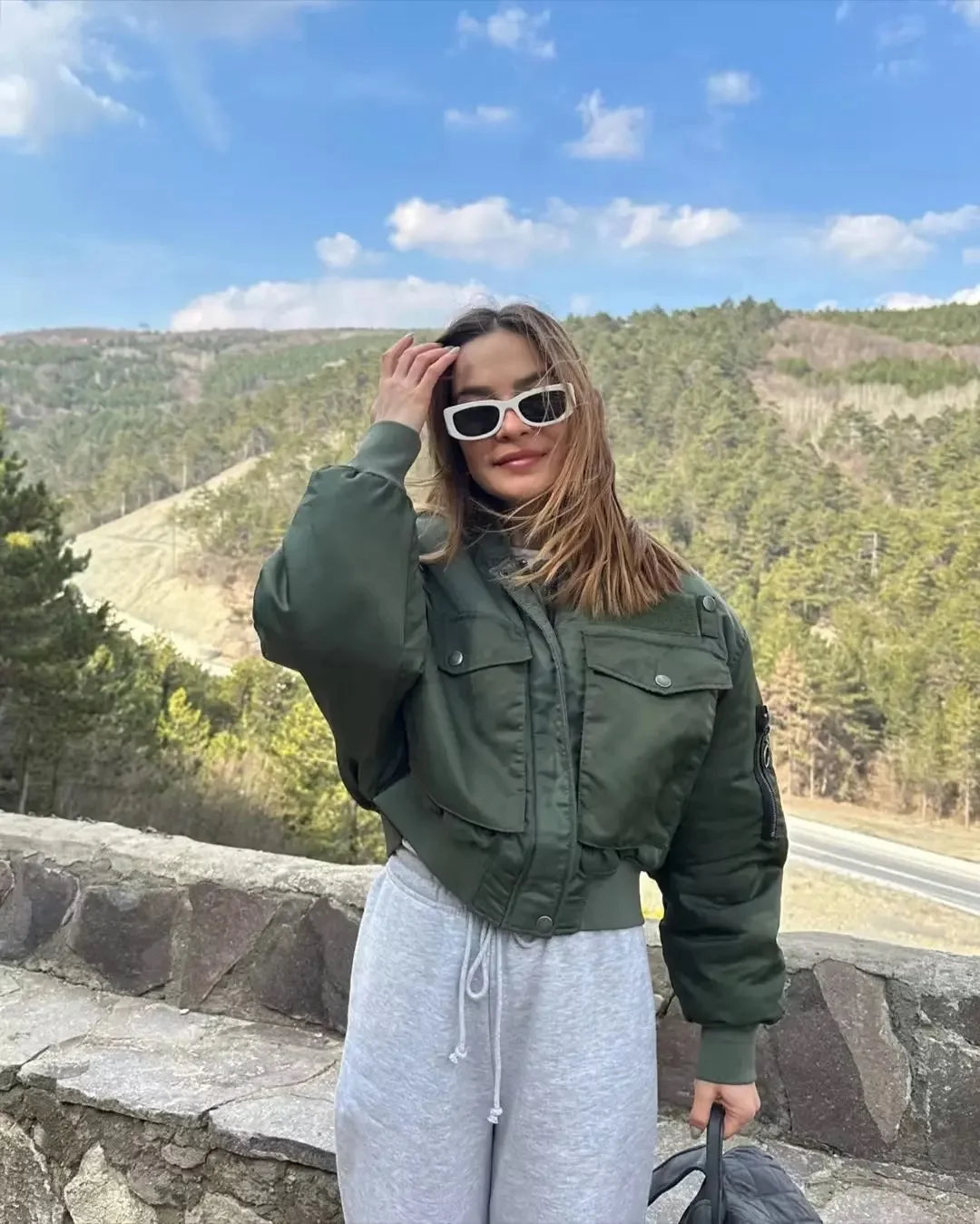 Nordsdom Stylish Autumn Winter Green Short Jackets Women Oversized Long Sleeve Zipper Bomber Jacket Outwear Women's Coat