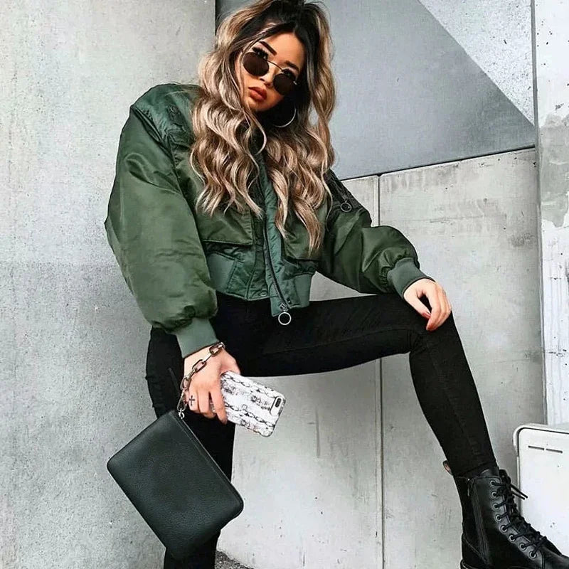 Nordsdom Stylish Autumn Winter Green Short Jackets Women Oversized Long Sleeve Zipper Bomber Jacket Outwear Women's Coat