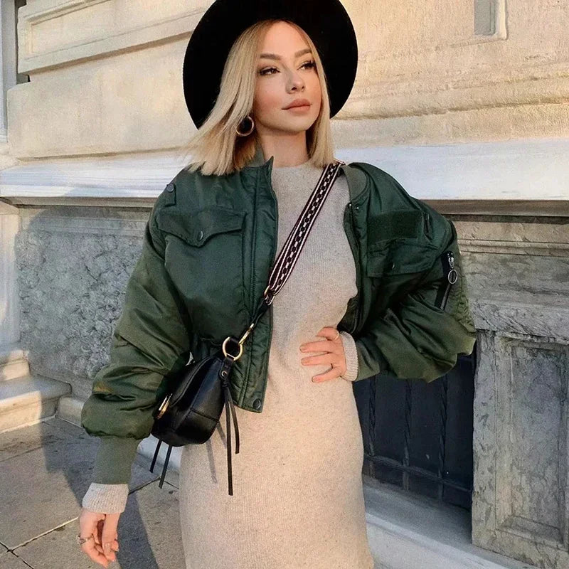 Nordsdom Stylish Autumn Winter Green Short Jackets Women Oversized Long Sleeve Zipper Bomber Jacket Outwear Women's Coat