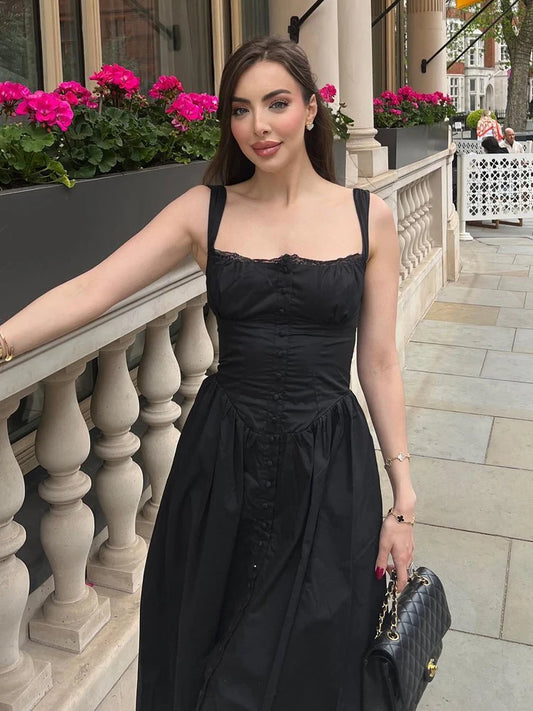 Nordsdom Summer Black Holiday Party Dresses Elegant Spaghetti Strap Midi Lace Up Dress Black Casual Women New In Dress 2023