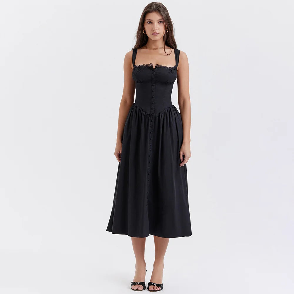 Nordsdom Summer Black Holiday Party Dresses Elegant Spaghetti Strap Midi Lace Up Dress Black Casual Women New In Dress 2023