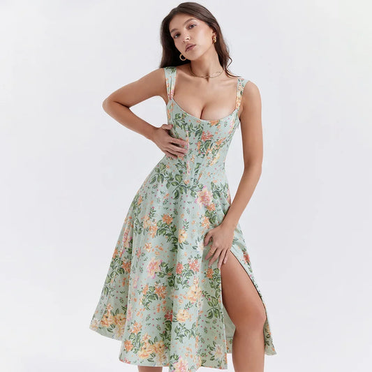 Nordsdom Summer Dress Women 2023 Green Lace Up Floral Print Dress Elegant with Boning Casual Party Holiday Dress High Quality