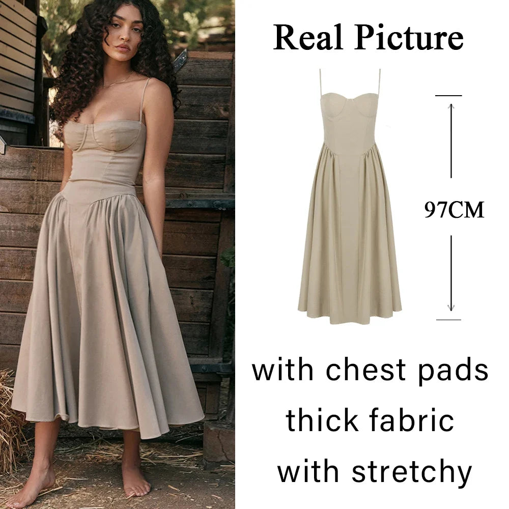 Nordsdom Summer Elegant Midi Spaghetti Strap Dresses Slim V Neck A Line Party Dress Khaki Casual Dress Women's Clothing