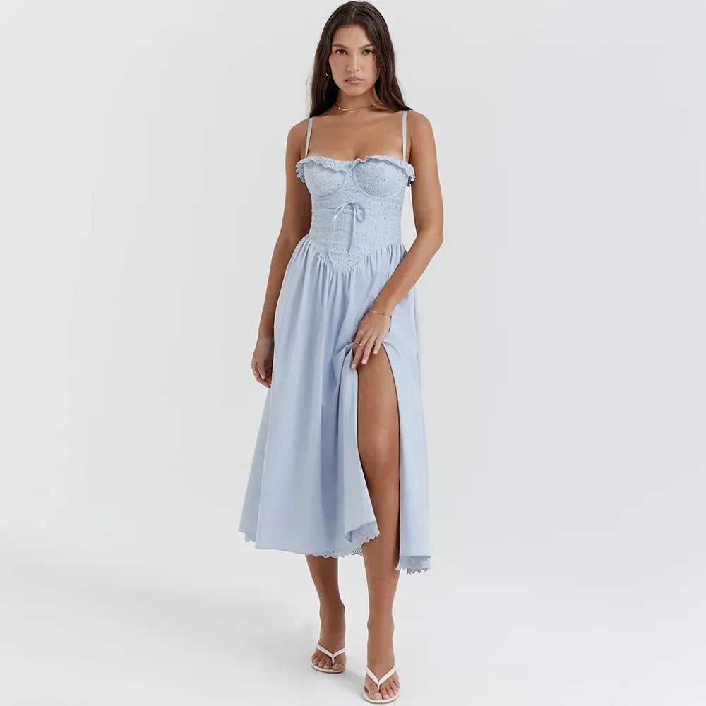 Nordsdom Summer Midi Vacation Dress Blue High Split Sexy Spaghetti Strap Lace Up Dress Elegant Women Party Dress 2023