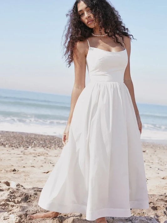 Nordsdom Summer White Midi Beach Dress Elegant Spagehtti Strap A Line Wedding Guest Dress Casual Women Clothing 2023