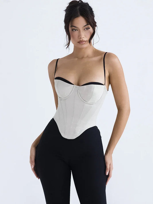 NordsdomThick Satin Bustier Corset Crop Top with Chest Pads Spaghetti Strap White Bodycon Top Summer Women Tops with Fishbone