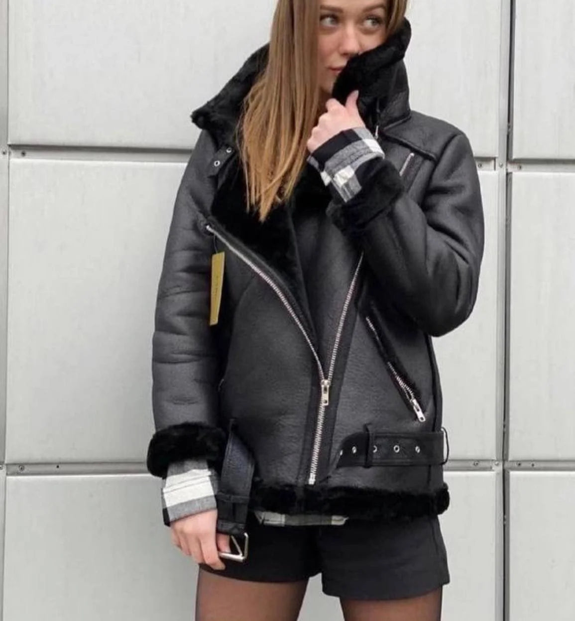 Nordsdom Warm Women Faux Fur Jacket with Belt Streetwear Female Moto Biker Loose Thicken Coat Fashion Autumn Winter Outwear