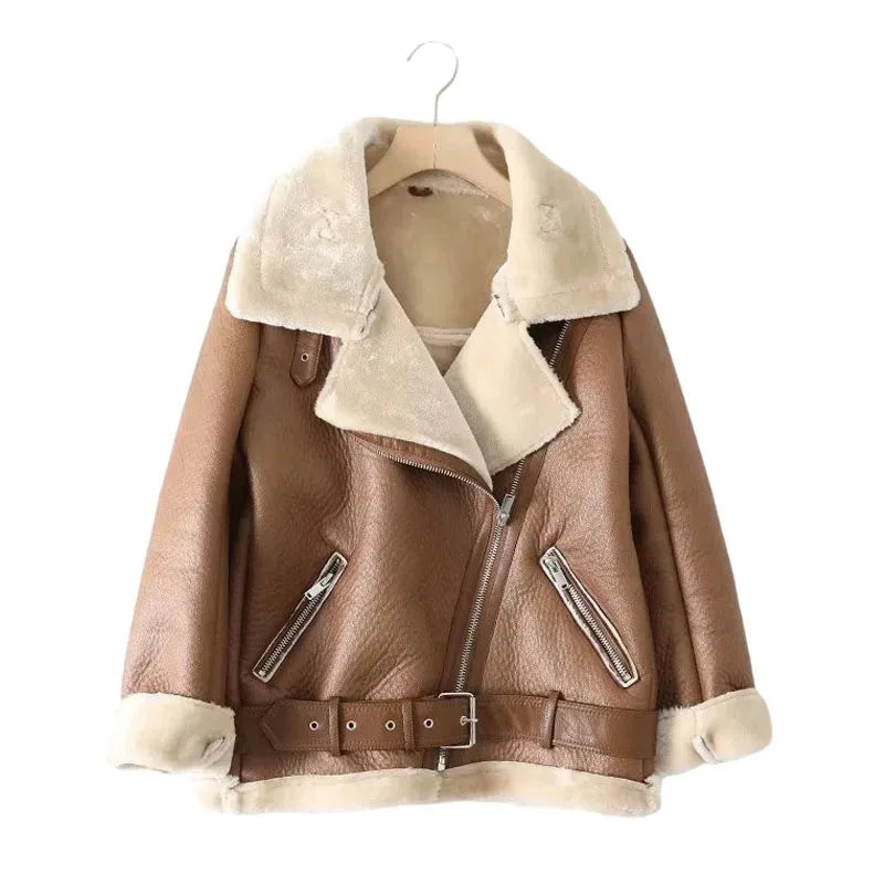 Nordsdom Warm Women Faux Fur Jacket with Belt Streetwear Female Moto Biker Loose Thicken Coat Fashion Autumn Winter Outwear