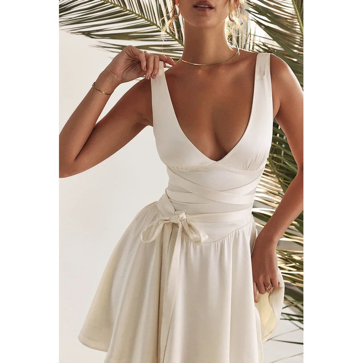 Nordsdom White Birthday Dress for Women Sexy Backless A Line Dress with Belt Satin Dress Deep V Neck Casual Vacation Dress