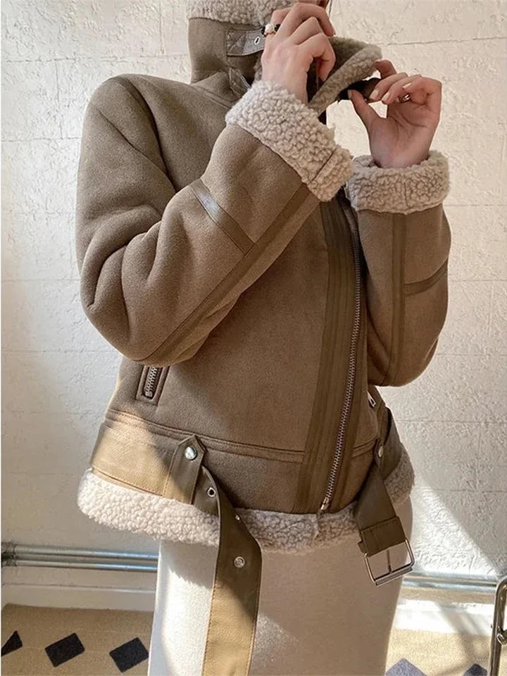 Nordsdom Winter Women Thick Warm Suede Lamb Jacket Short Motorcycle Brown Coats Faux Shearling Sheepskin Leather Jackets Fall